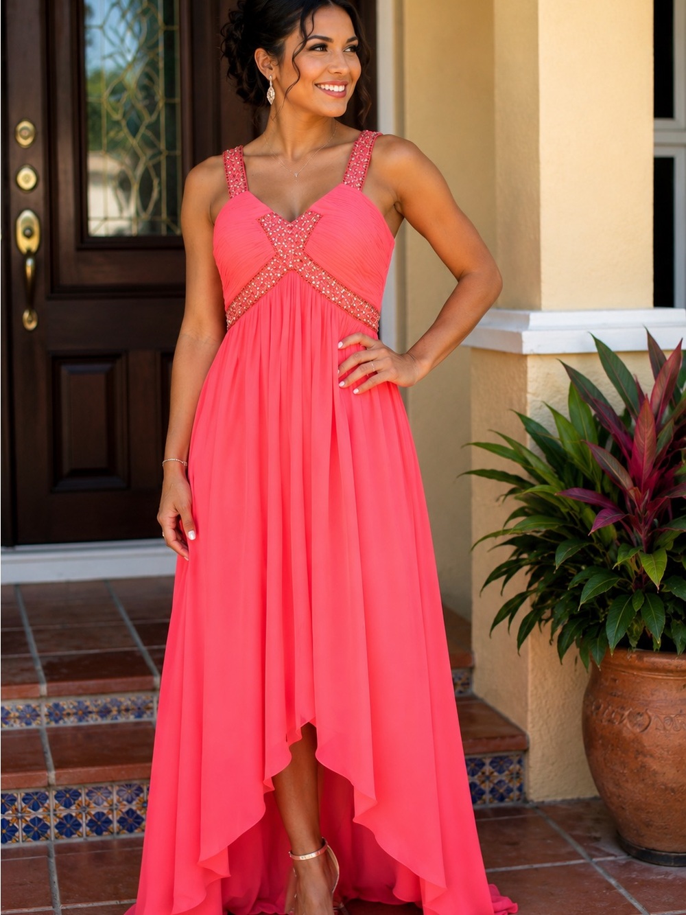 Mary L Couture Coral Pink Beaded Strap High-Low Gown